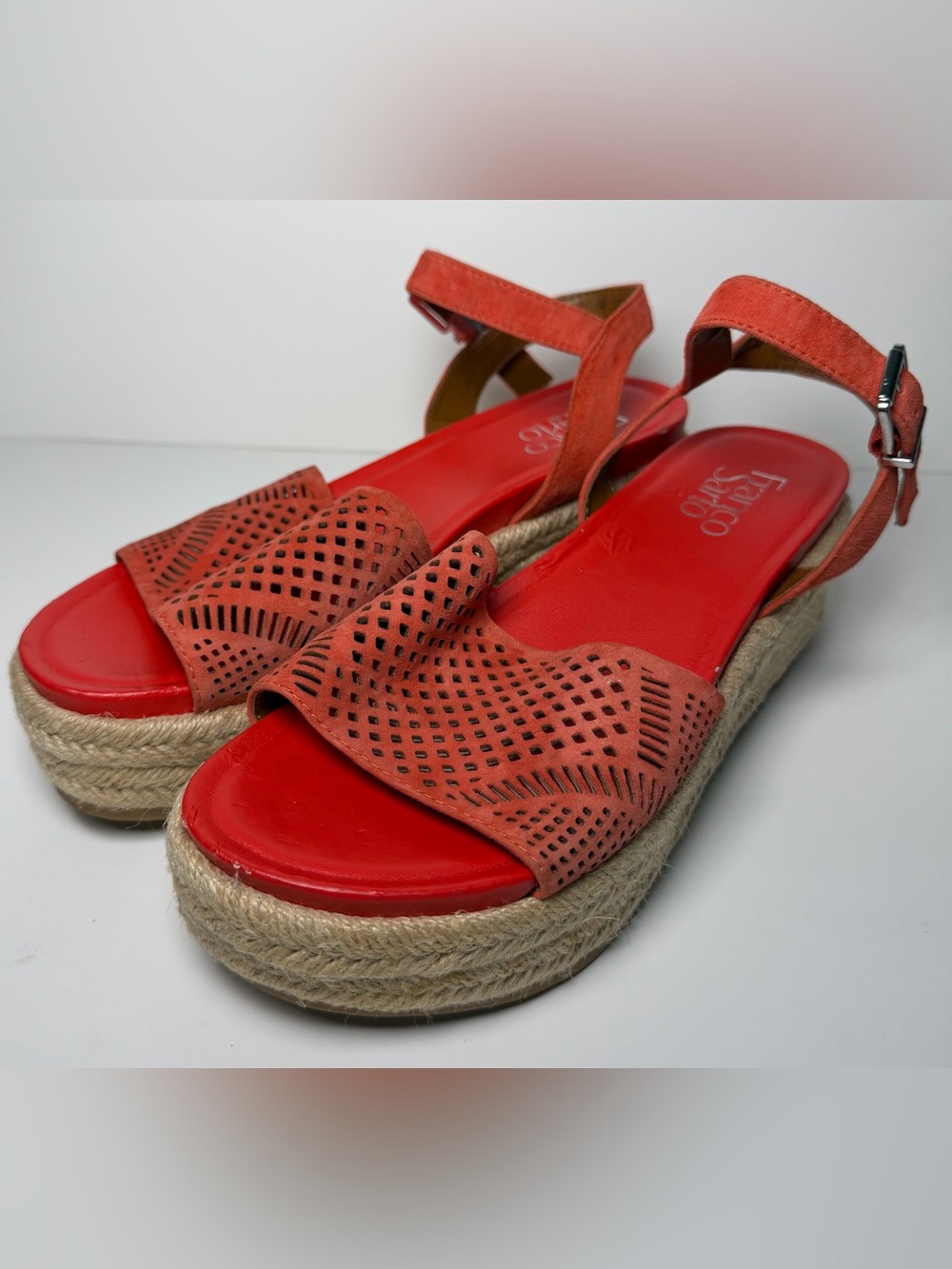 NWT Franco Sarto Tennia 7 Coral Red Espadrille Jute Wedge Suede Leather Sandal - Picture 2 of 16